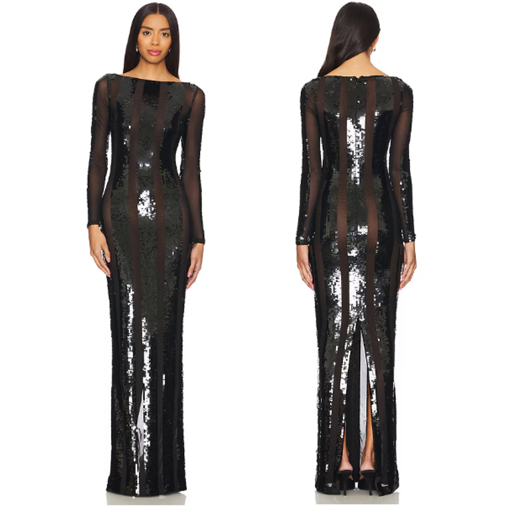 Retrofete Elsi Long Sleeve Mesh Sequin Bodycon Maxi Dress Black Women's Size S
